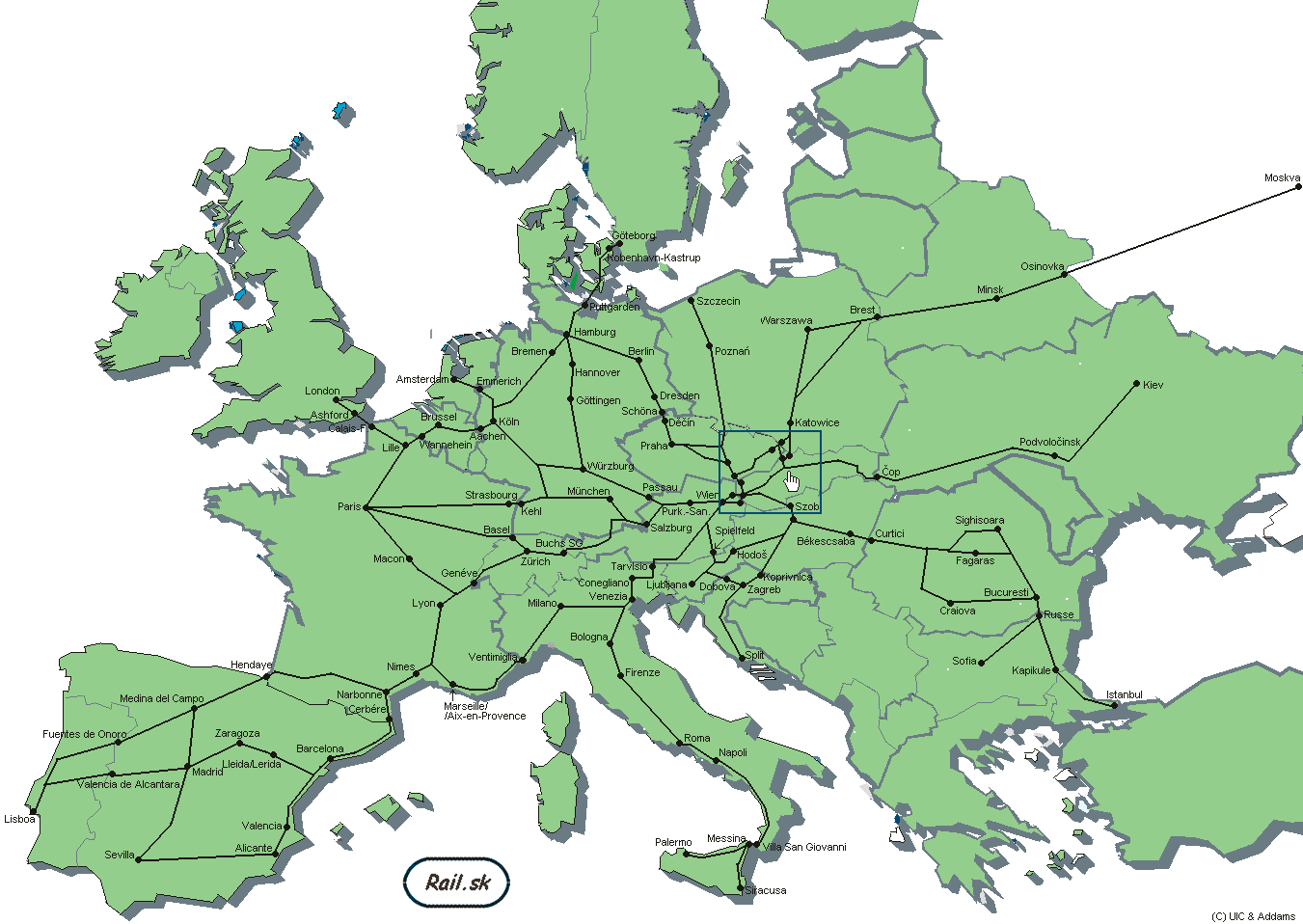 Mapa najastejie pouvanch trs pri cestovan do vch miest Eurpy