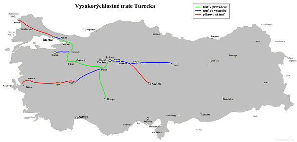Mapa vysokorýchlostných tratí Turecka