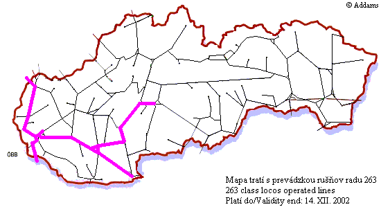 Mapa tratí s prevádzkou rušňov radu 263