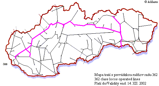 Mapa tratí s prevádzkou rušňov radu 362
