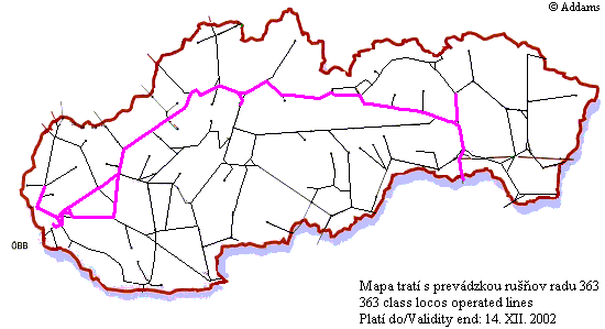 Mapa tratí s prevádzkou rušňov radu 363