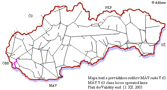 Mapa tratí ŽSR s prevádzkou rušňov MÁV radu V43