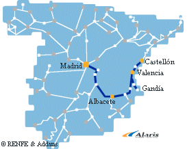 Mapa tratí používaných vlakmi Alaris